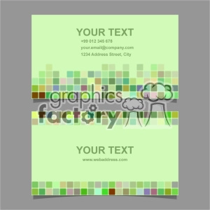 A set of green-themed business cards with customizable text areas. The design features a mosaic pattern composed of small, colorful squares in various shades of green, brown, and a few other muted colors. One card displays contact details including phone number, email, and address, while the other highlights space for a web address.
