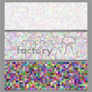 A clipart image featuring three horizontal pixelated mosaic patterns set against a gray background. The patterns are arranged in rows, with the top row being the lightest and the bottom row the most colorful.