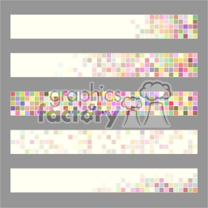 Clipart image showing five horizontal strips of multicolored pixels arranged in various patterns on a grey background.