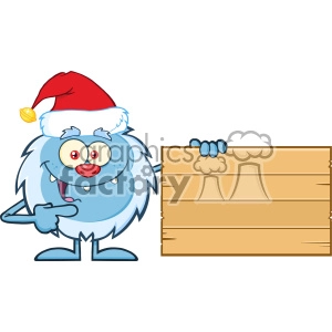 Happy Little Yeti Cartoon Mascot Character With Santa Hat Pointing To A Wooden Blank Sign Vector
