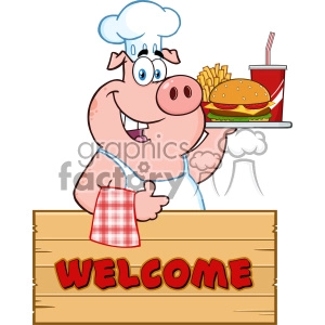 The clipart image features a cartoon pig wearing a chef's hat and a white apron with a red and white checkered towel hanging from its pocket. The pig is smiling and presenting a tray holding a hamburger and a portion of fries next to a drink with a straw. There's a wooden sign with the word WELCOME written in a bold, red font at the bottom of the image, which the chef pig appears to be standing behind.