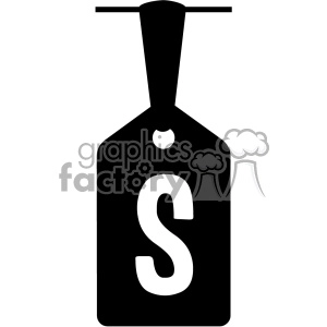 A black and white clipart image of a clothing tag with the letter 'S' on it, representing a size label.