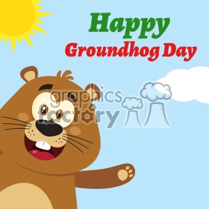 10637 Royalty Free RF Clipart Cute Marmot Cartoon Mascot Character Waving From Corner Vector Flat Design With Background And Text Happy Groundhog Day