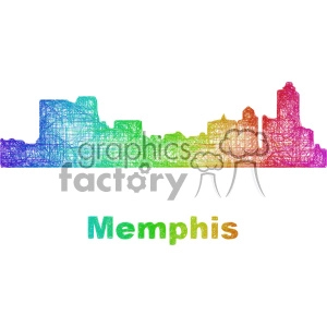 A vibrant, multicolored, hand-drawn style outline of the Memphis skyline in clipart form, with 'Memphis' written below in matching colors.