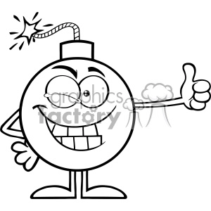 Black and white clipart of a cartoon bomb character winking and giving a thumbs up.