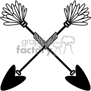A monochrome clipart image of two crossed arrows with feathered fletching and pointed arrowheads.