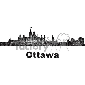 Clipart image of the Ottawa skyline with a scribble-like black and white drawing style, showcasing iconic buildings and landmarks of the city.
