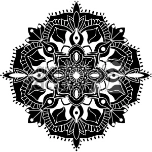 Illustration of a black and white intricate mandala pattern with symmetrical, detailed geometric and floral elements.