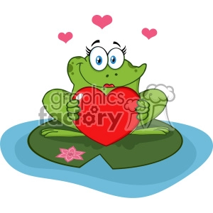 Cute Frog Female Cartoon Mascot Character In A Pond Holding A Valentine Love Heart Vector Illustration