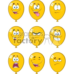 10769 Royalty Free RF Clipart Yellow Balloons Cartoon Mascot Character Expressions Set Vector Illustration