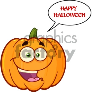Happy Orange Pumpkin Vegetables Cartoon Emoji Face Character With Expression With Speech Bubble And Text Happy Halloween