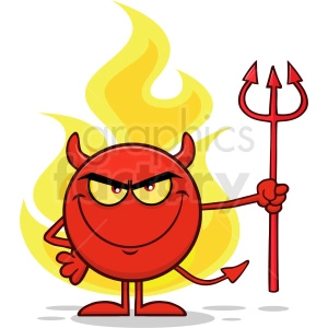 Red Devil Cartoon Emoji Character Holding A Pitchfork Over Flames Vector Illustration Isolated On White Background