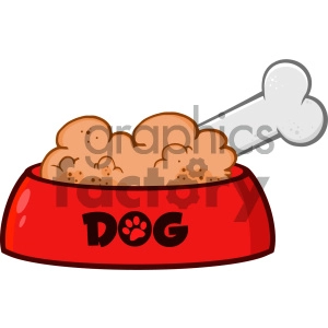 Royalty Free RF Clipart Illustration Red Dog Bowl With Animal Food And Bone Drawing Simple Design Vector Illustration Isolated On White Background