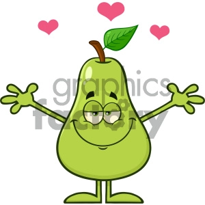 Royalty Free RF Clipart Illustration Pear Fruit With Green Leaf Cartoon Mascot Character With Hearts And Open Arms For Hugging Vector Illustration Isolated On White Background