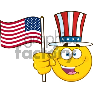 Royalty Free RF Clipart Illustration Happy Yellow Cartoon Emoji Face Character Wearing A Top Hat And Waving An American Flag Vector Illustration Isolated On White Background