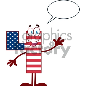 Happy Patriotic Number Four In American Flag Cartoon Mascot Character Waving For Greeting With Speech Bubble