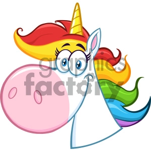 The clipart image features a cartoon unicorn's head with a colorful mane that includes shades of red, yellow, green, and blue. The unicorn has a prominent golden horn. It has big expressive eyes with a quirky and cute appearance.