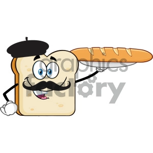 Bread Slice Cartoon Character With Baret And Mustache Presenting Perfect French Bread Baguette Vector Illustration Isolated On White Background