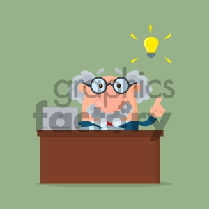 Professor Or Scientist Cartoon Character Behind Desk With A Big Idea Vector Illustration Flat Design With Background