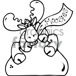 The clipart image depicts a cartoon-styled moose with an exaggeratedly large heart-shaped antler. The moose appears to be giving a kiss, and there is a banner across the antler with small hearts and the word MOOSE followed by a kiss mark. The scene suggests a Valentine's Day or love-themed motif, likely designed for lighthearted or humorous Valentine's greetings.