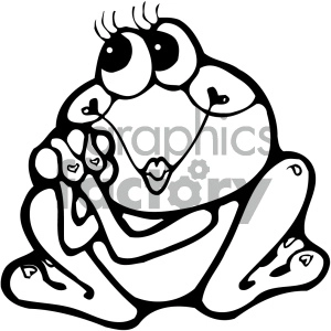 The image is a black and white clipart illustration of a frog. The frog appears to be cartoonish with exaggerated features such as large eyes with prominent eyelashes and a whimsical expression. It is sitting and seems to be pondering or thinking, given by its hand position—resting its cheek on one hand.