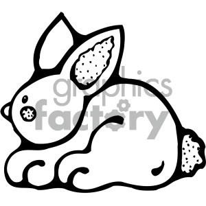 The clipart image features a stylized depiction of a rabbit or bunny. The rabbit is depicted in a lying position, with its back legs stretched out behind it and its front paws tucked under its body. It has large ears, one of which is filled with polka dots, suggesting a pattern or texture. Its eyes and nose are represented by simple shapes, and it has additional polka dots on its hindquarters.