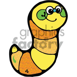 This is a clipart image of a cute and colorful cartoon worm. The worm has a segmented body with a mix of yellow and orange colors, and a smiling face with big, expressive eyes and green cheeks.