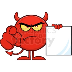 Angry Red Devil Cartoon Emoji Character Pointing With Finger And Holding A Blank Sing Vector Illustration Isolated On White Background