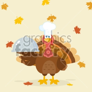 Turkey Chef Cartoon Mascot Character Holding A Cloche Platter Vector Illustration Flat Design Over Background With Autumn Leaves