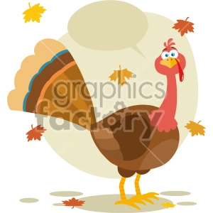 Thanksgiving Turkey Bird Cartoon Mascot Character Vector Illustration Flat Design Isolated On no Background With Autumn Leaves And Speech Bubble