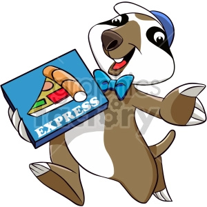 This clipart image features a cartoon three-toed sloth character dressed as a pizza delivery worker. The sloth is holding a pizza box labeled EXPRESS with a pizza slice depicted on its cover. The sloth is also wearing a bow tie and a visor hat.