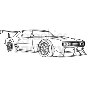 The clipart image is a black and white outline drawing of a vintage custom Mustang race car. It shows the general shape and features of the car, including its sleek body, raised hood, and distinctive front grille. The image does not include any shading or color, only the lines that define the car's shape.
