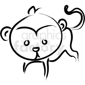 A simple, black-and-white clipart image of a cute monkey with a big head, round eyes, and a curly tail. The illustration is minimalistic, using broad, smooth lines to define the features.