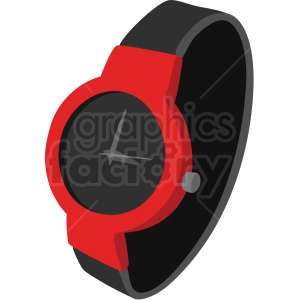 Clipart image of a modern wristwatch with a red case and black watch face and strap.