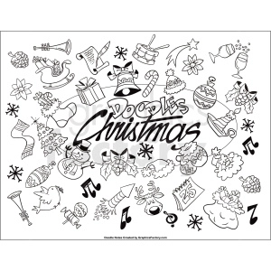 A clipart image of various Christmas-themed doodles, including a snowman, Christmas tree, reindeer, gifts, holly, stockings, musical notes, bells, ornaments, and other festive elements, all surrounding the text 'Doodles Christmas'.