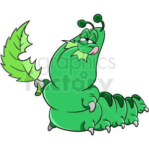 A comical green caterpillar munching on a leaf.