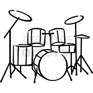 The clipart image shows a black and white illustration of a drum set used for playing music. The drum set consists of various drums and cymbals arranged together, including a bass drum, snare drum, tom-toms, hi-hat, crash cymbal, and ride cymbal.
