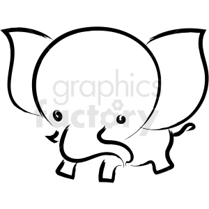 The image is a black and white clipart drawing of an elephant. The elephant is stylized with simple lines and shapes, prominently featuring its large ears, trunk, and tusks, capturing the essence of the animal in a minimalist way.