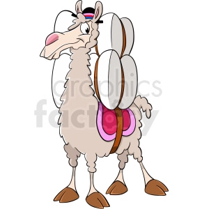 The clipart image shows a cartoon llama equipped with a pair of saddlebags, indicating it's ready for travel. The llama looks slightly whimsical with expressive eyes.