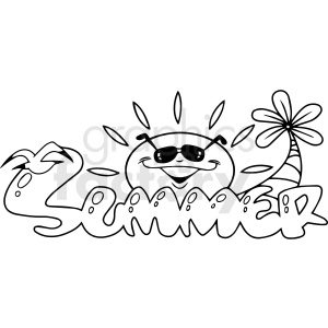 Black and white clipart image depicting the word 'Summer' written in stylized font with a smiling sun wearing sunglasses, and a palm tree in the background.