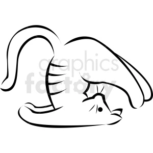 The clipart image shows a black and white cartoon cat in a yoga pose called the plow pose. The cat is lying on its back with its legs extended over its head and its paws resting on the ground behind it.
