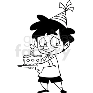 black and white cartoon boy holding birthday cake vector clipart