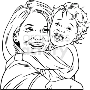 black and white mom hugging small child vector clipart