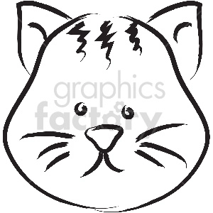 The image is a black and white clipart of a cat's face. It features a simplified, stylized drawing with distinct whiskers, a small nose, two round eyes, and pointed ears. There is a zigzag pattern on the forehead which could possibly represent fur texture or a pattern typical to the cat's breed.
