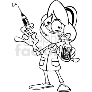 black and white cartoon female doctor giving covid 19 vaccine vector clipart
