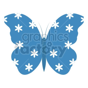 The image is a simple clipart illustration of a blue butterfly with white flowers on its wings.