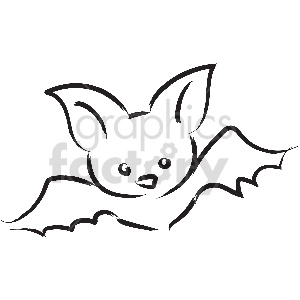 Simple black and white clipart of a cute bat with big ears and outstretched wings.