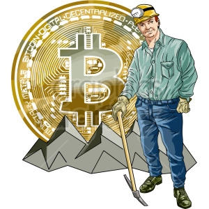 Clipart image of a man dressed as a miner standing in front of a large Bitcoin symbol with mountains in the background, symbolizing Bitcoin mining.