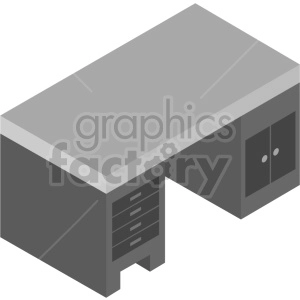Isometric view of a grey office desk featuring a set of drawers on the left side and a cabinet with doors on the right side.