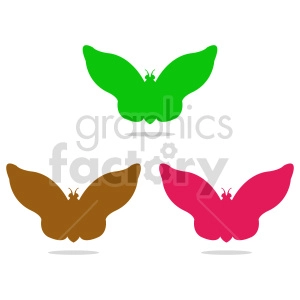 The image shows three stylized butterflies, each in a different color: green, brown, and pink. These butterflies have a basic, flat design with shadow effects beneath them to give a sense of levitation.